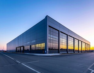 Obraz premium Modern Industrial Warehouse with Large Windows at Sunset