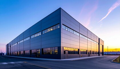 Obraz premium Modern Industrial Building with Glass Windows at Sunset Sky