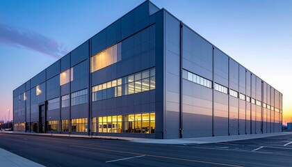 Obraz premium Modern Industrial Building with Glass Facade at Sunset Lighting