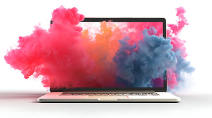 Colorful smoke bursts emerging from an open laptop, symbolizing creativity and technology