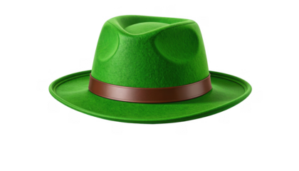 Green Felt Hat with Brown Band on a Transparent Background