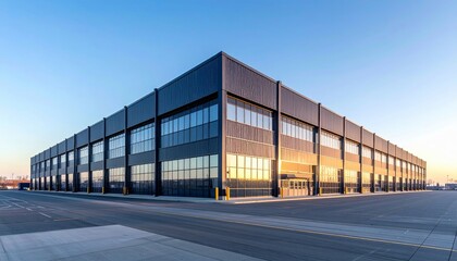 Modern Industrial Warehouse Exterior with Clear Sky at Sunset