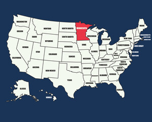 USA map education illustration with highlighted Minnesota state and labeled states for learning geography