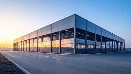 Modern Industrial Building with Large Windows at Sunrise