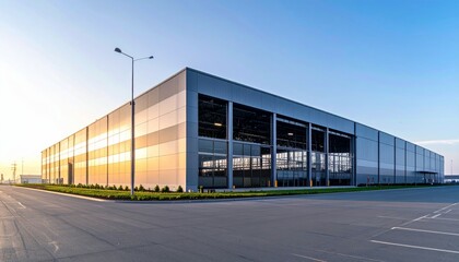 Obraz premium Modern Industrial Warehouse with Sunset Reflection and Clear Sky