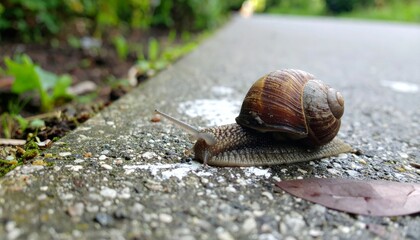 Close-up of a Snail Crawling on a Sidewalk in a Green Environment