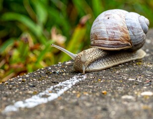 Snail Crawling on a Pavement with Greenery in the Background
