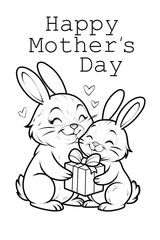 Coloring book happy Mother's Day greeting card, coloring, art, design, drawing, illustration drawn with black lines on a white background. A family of rabbits with a gift.