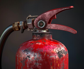 High-resolution close-up photo of an old, weathered red fire extinguisher with peeling paint and corrosion, symbolizing industrial safety, emergency preparedness, and vintage equipment. Captured with 