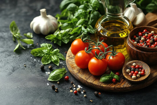 Tomatoes, basil, and garlic on wooden cutting board. - Powered by Adobe