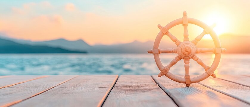 Wooden wheel on dock overlooking scenic water, set against the backdrop of a beautiful sunset