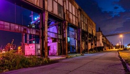 Fototapeta premium Abandoned Industrial Building at Night with Vibrant Neon Lights