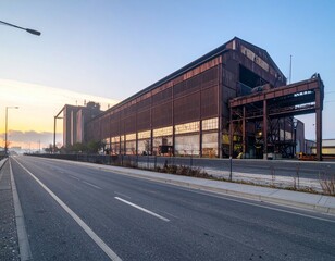 Obraz premium Abandoned Industrial Warehouse at Dusk with Vibrant Sky Colors