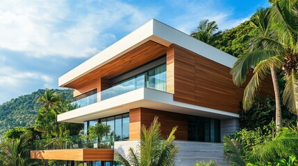 Fototapeta premium Luxury Villa Architecture: Modern Home With Tropical Paradise Scenery