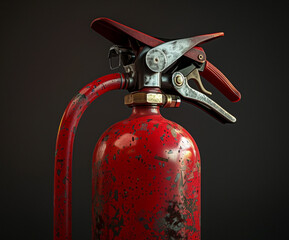 Obraz premium Detailed macro shot of a red fire extinguisher showing wear and rust, representing industrial safety and the passage of time. Ideal for concepts involving aging infrastructure, safety awareness, or me