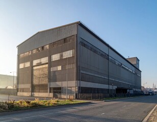 Abandoned Industrial Warehouse Building in Urban Setting at Sunrise