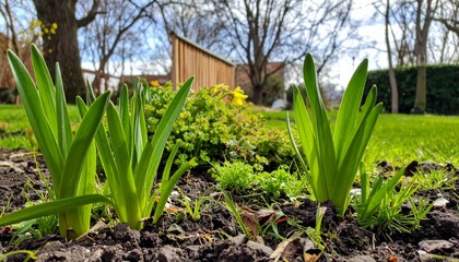 Obraz premium Fresh Green Sprouts in a Garden Setting Under Blue Sky