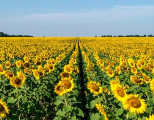 Vibrant Sunflower Field Under a Clear Blue Sky in Full Bloom
