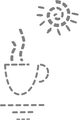 Dashed line icon of a coffee cup and morning sun, evoking calm morning vibes and minimalistic design.