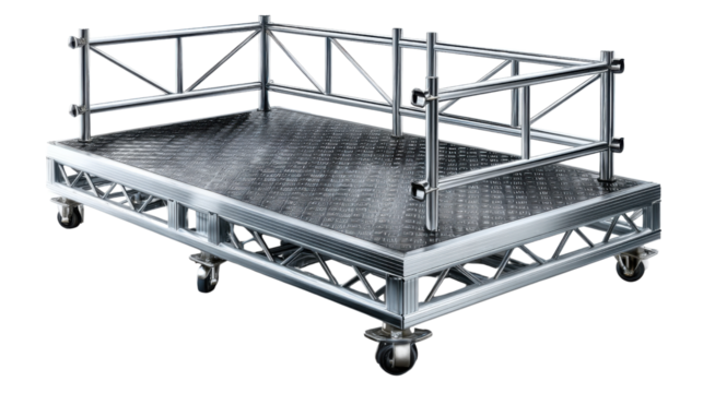 Rolling Stage Platform: A sturdy and versatile rolling stage platform, designed for seamless mobility, features a metallic structure, a non-slip surface, and a protective railing.