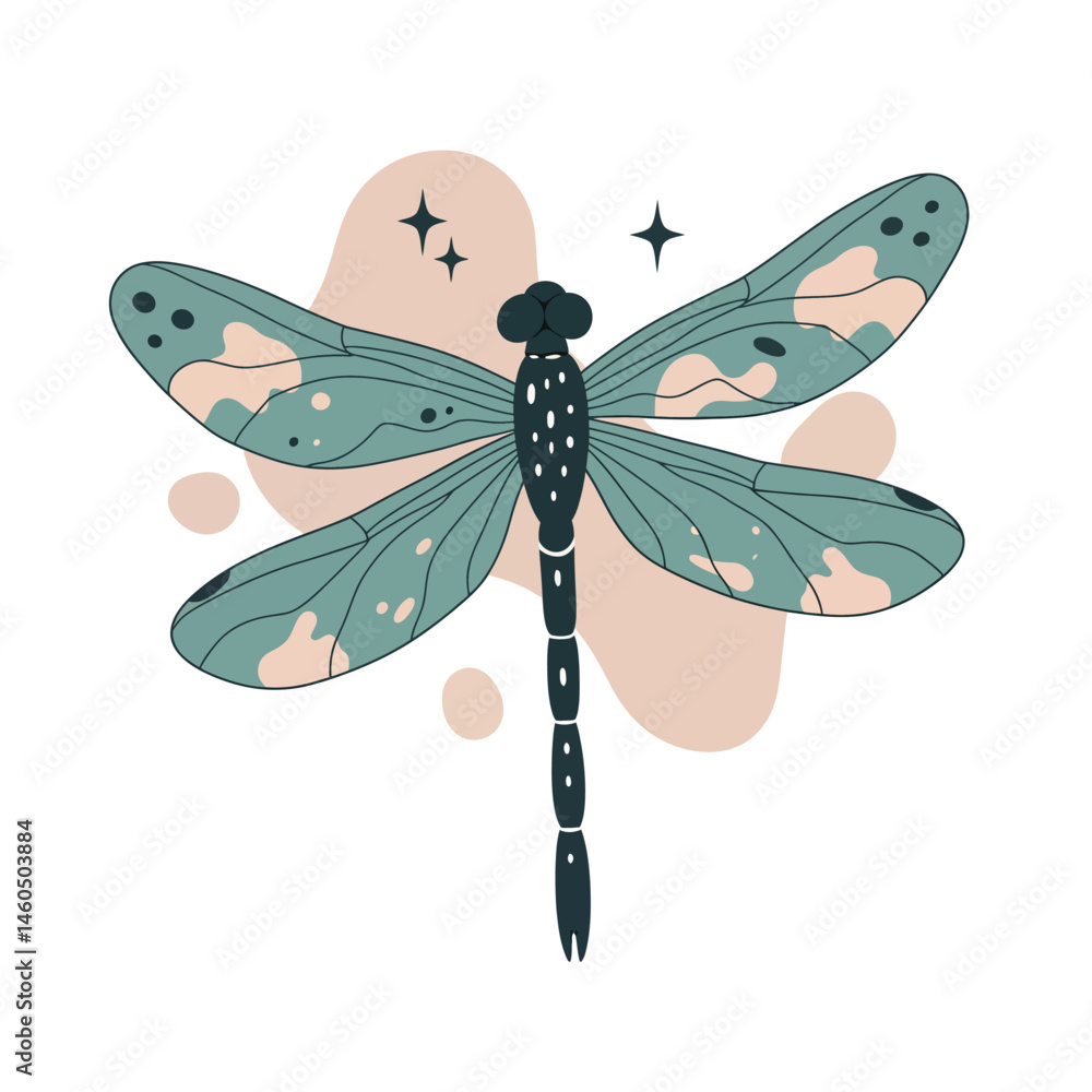 Poster dragonfly vector illustration with teal and beige wings and abstract background design for creative 