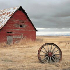 Fototapeta premium Abandoned Barn with Rustic Wheel on Dry Field Under Cloudy Sky