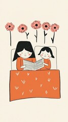 Grainy illustration of mother reading book to daughter at bedtime. Concepts of flowers, parenting, care, nighttime, being together, nighttime, closeness
