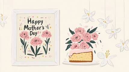 Textured illustration of framed Mother's Day message near a cake slice with flowers. Concept of Motherhood, celebration, mom, family, love, gratitude, nurturing, care, sweet treats