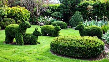 Artistic Topiary Animals in Lush Garden Landscape Setting