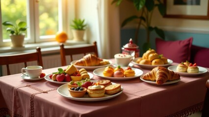 A delightful assortment of pastries and fruit arranged on a table bathed in sunlight