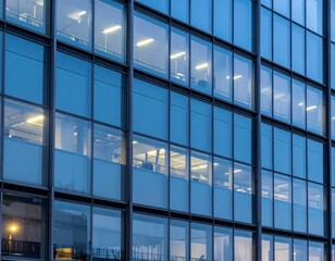 Modern Glass Office Building Facade with Night Lighting Effects