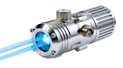 Blue Beam Laser: A close-up shot of a sleek, metallic laser device emitting a vibrant, focused blue beam, symbolizing cutting-edge technology and scientific precision.