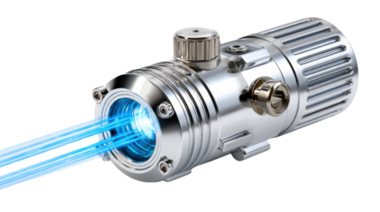 Blue Beam Laser: A close-up shot of a sleek, metallic laser device emitting a vibrant, focused blue beam, symbolizing cutting-edge technology and scientific precision.