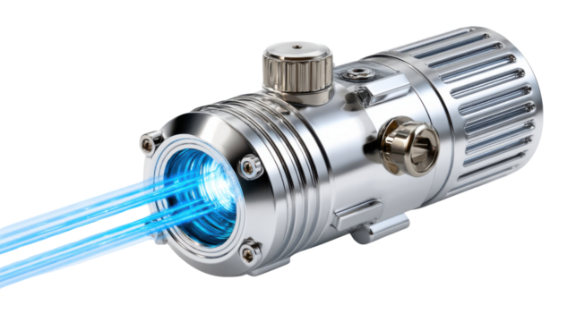 Blue Beam Laser: A close-up shot of a sleek, metallic laser device emitting a vibrant, focused blue beam, symbolizing cutting-edge technology and scientific precision.
