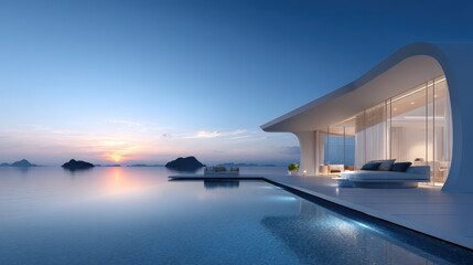 Fototapeta premium View of an infinity pool and modern house from the terrace, during the blue hour as the sun sets behind the distant mountains