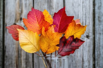 Obraz premium Vibrant autumn leaves in various shades of red, orange, and yellow arranged in a glass vase against a rustic wooden background.