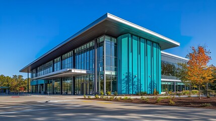 Obraz premium Contemporary building with a vibrant blue wall and geometric windows, centered view, clear sky offering a spacious backdrop for text. 