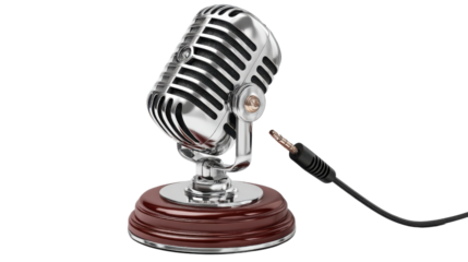 Vintage Microphone: A classic vintage microphone, capturing the essence of retro audio, with its distinctive design and metallic finish, stands ready to record.
