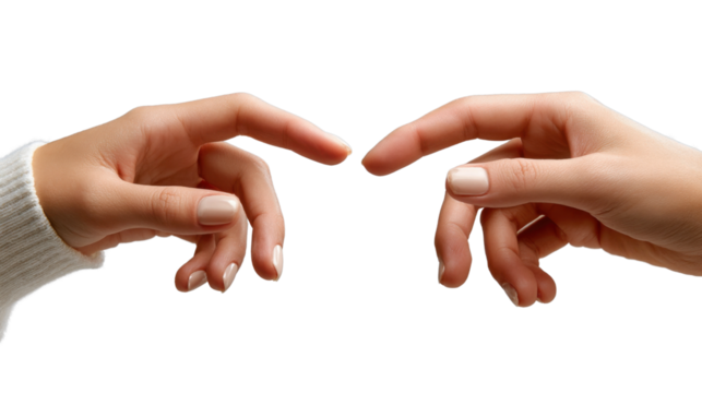 Fingers Touching: Two hands reaching out to touch, fingers almost meeting, symbolize connection, communication and togetherness.