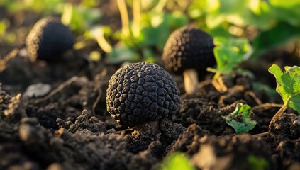 Dark, round fungi on soil