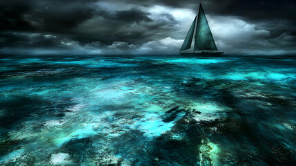 Dramatic seascape at night, lone sailboat sailing on turquoise ocean under stormy sky.  Perfect for travel, adventure, and fantasy themes.