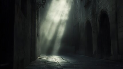 Misty alleyway with sunlight