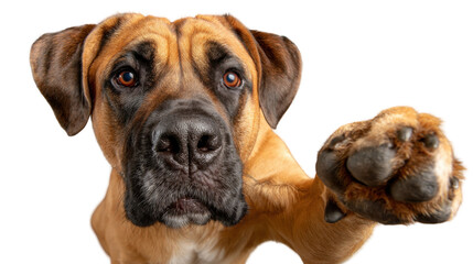 Obraz premium Loyal Companion: A close-up shot captures a friendly dog extending its paw towards the viewer, its intelligent eyes conveying warmth and a gentle connection. A perfect illustration of companionship.