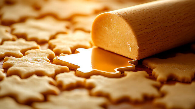 Golden Star-Shaped Christmas Cookies and Rolling Pin on Dough