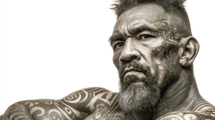 Intense Portrait of a Tattooed Individual with Facial Ink and Muscular Build