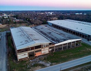 Abandoned Industrial Warehouse with Broken Roof in Rural Area