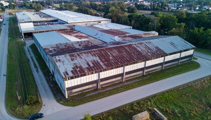 Aerial View of Abandoned Industrial Building with Rusted Roof