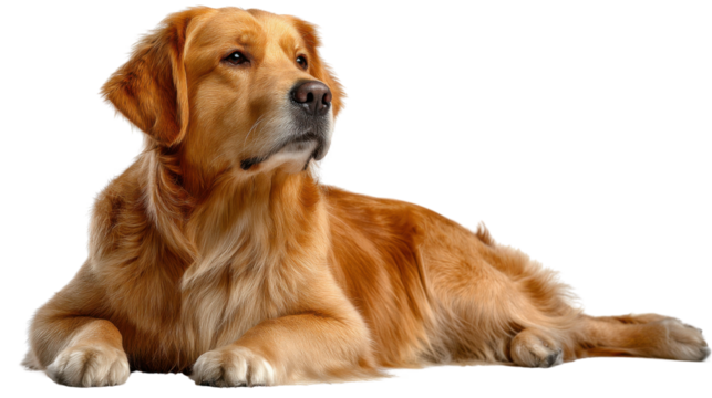 Golden Retriever's Calm Gaze: A portrait of a majestic golden retriever lies contentedly, its eyes fixed in a moment of serene contemplation.