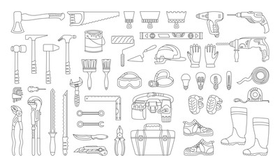 Fototapeta premium Building tools construction equipment cartoon doodle set. Hardware for repair works construction industry collection. Tools for home repairs tool box kit mechanic plumber linear flat isolated vector