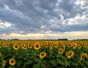 Obraz premium Expansive Field of Sunflowers Under Dramatic Cloudy Sky at Dusk
